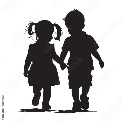 Little girl and boy walking silhouette, black vector illustration on white background