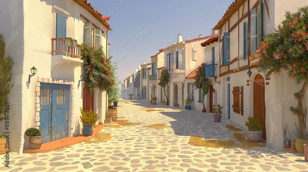 Cobblestone street, lined with potted plants on both sides, leads to a blue door Cobblestone street, lined with potted plants on both sides, leads to a blue door