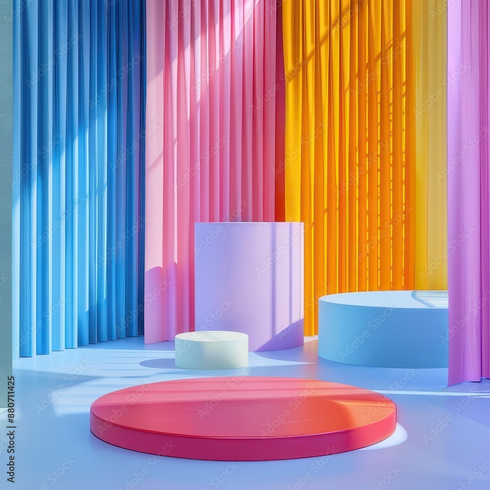 Playful pastel podiums and curtains in a bright colorful room Playful pastel podiums and curtains in a bright colorful room