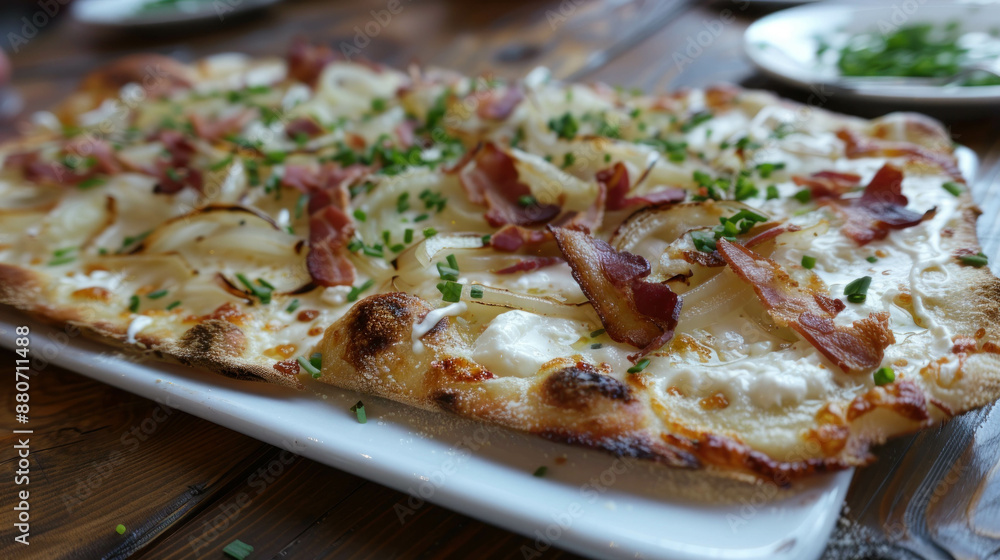 Flammkuchen, A Traditional German Dish, A Thin-crust German Pizza Topped With Crème Fraîche, Onions, And Bacon Flammkuchen, A Traditional German Dish, A Thin-crust German Pizza Topped With Crème Fraîche, Onions, And Bacon