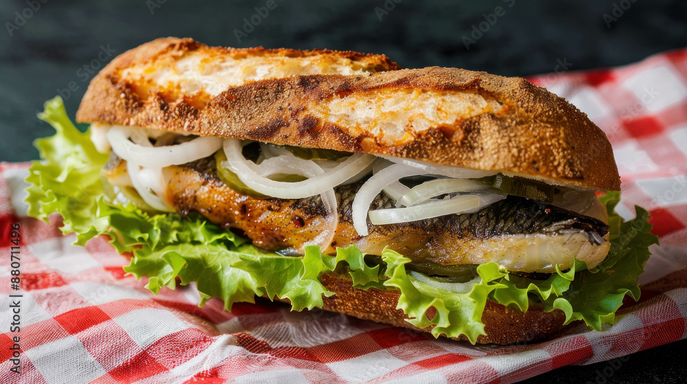 Fischbrötchen, A Traditional German Dish, German Fish Sandwich With Pickled Herring, Onions, And Lettuce Fischbrötchen, A Traditional German Dish, German Fish Sandwich With Pickled Herring, Onions, And Lettuce