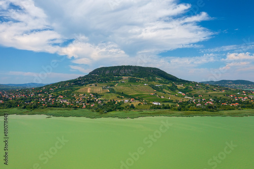 Aerial view about Badacsony, the highest mountain in the Tapolca basin, which rises on the northern shore of Lake Balaton near Badacsonytomaj.