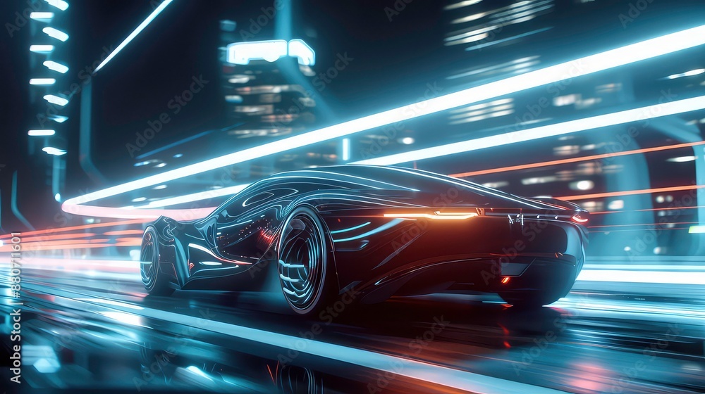 Modern futuristic car in motion. Car lights on the road at night. Timelapse, transportation hyperlapse. Blurred movement, light trails, abstract soft glowing lines Modern futuristic car in motion. Car lights on the road at night. Timelapse, transportation hyperlapse. Blurred movement, light trails, abstract soft glowing lines