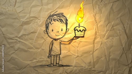 Boy holding a birthday cake with a lit candle photo