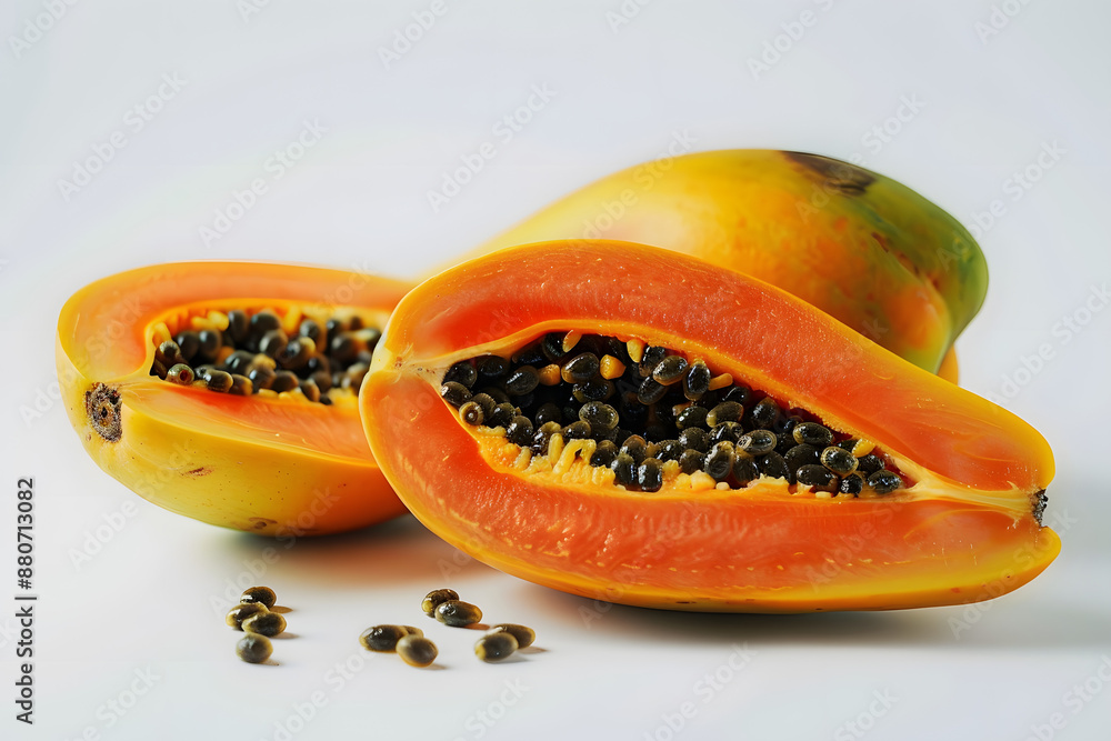 whole and half of ripe papaya fruit with seeds isolated on white background whole and half of ripe papaya fruit with seeds isolated on white background