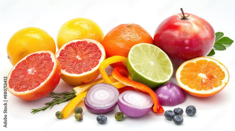 Vitamin C rich fruits and vegetables on white background Vitamin C rich fruits and vegetables on white background