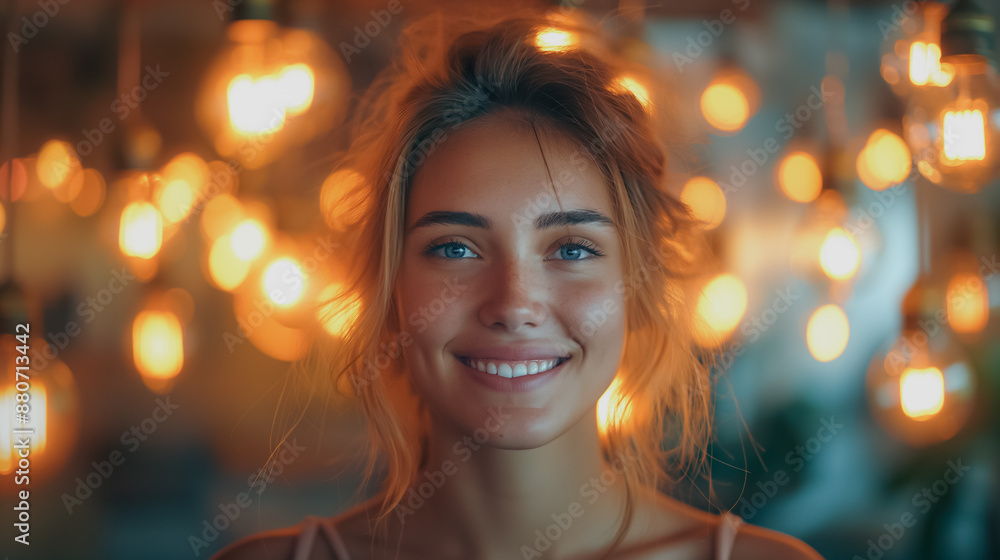 A woman with blonde hair and blue eyes is smiling at the camera. She is wearing a pink tank top and is surrounded by a warm, glowing light. Scene is happy and cheerful A woman with blonde hair and blue eyes is smiling at the camera. She is wearing a pink tank top and is surrounded by a warm, glowing light. Scene is happy and cheerful