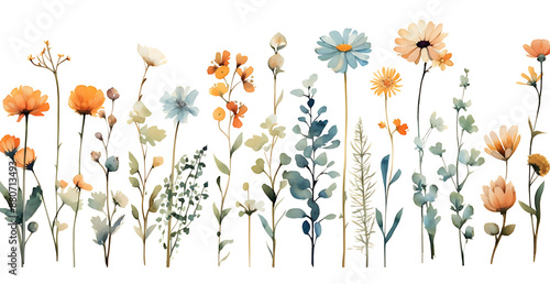 Cute minimalistic watercolor painted wild flowers