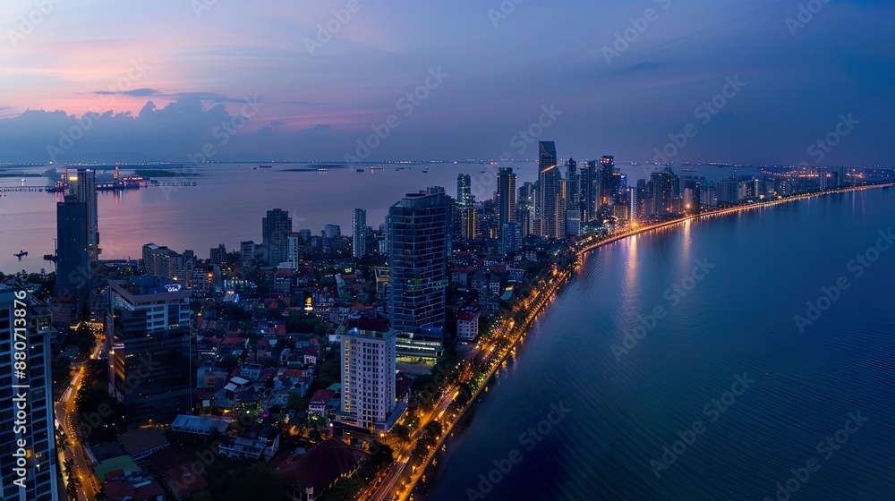 Aerial View of a Coastal City at Dusk Aerial View of a Coastal City at Dusk