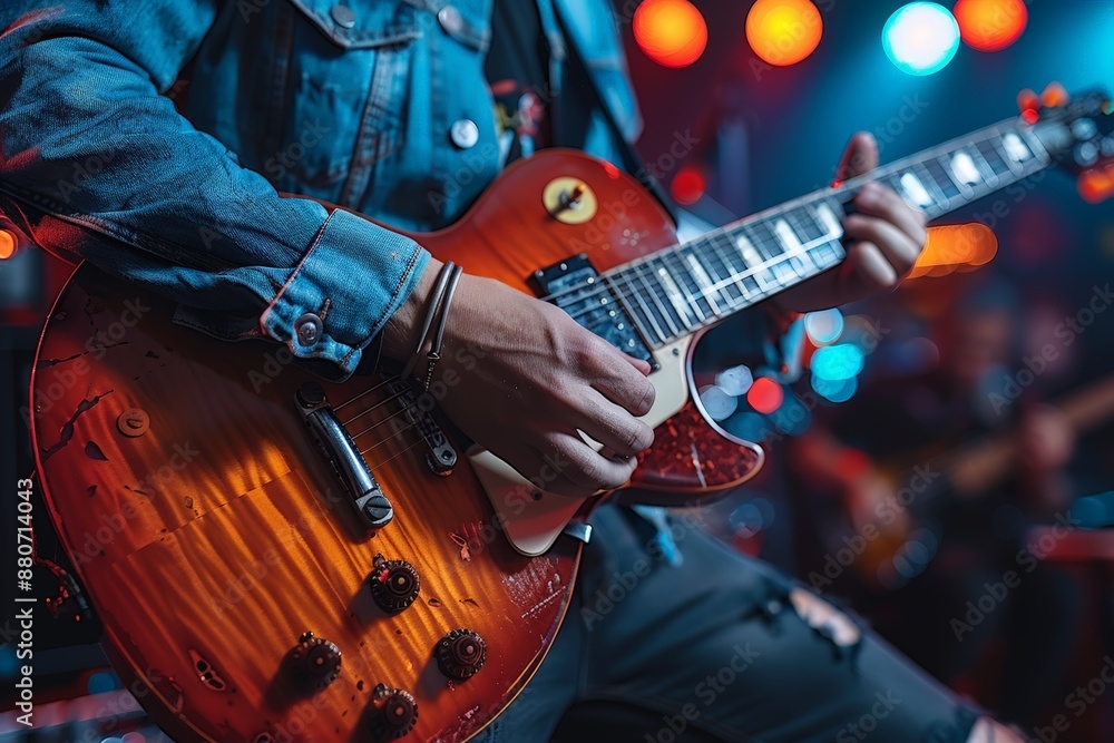Obraz premium Rock band guitarist performing live at a nightclub