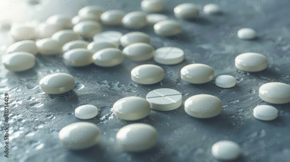 Prescription pills spread on gray surface Prescription pills spread on gray surface