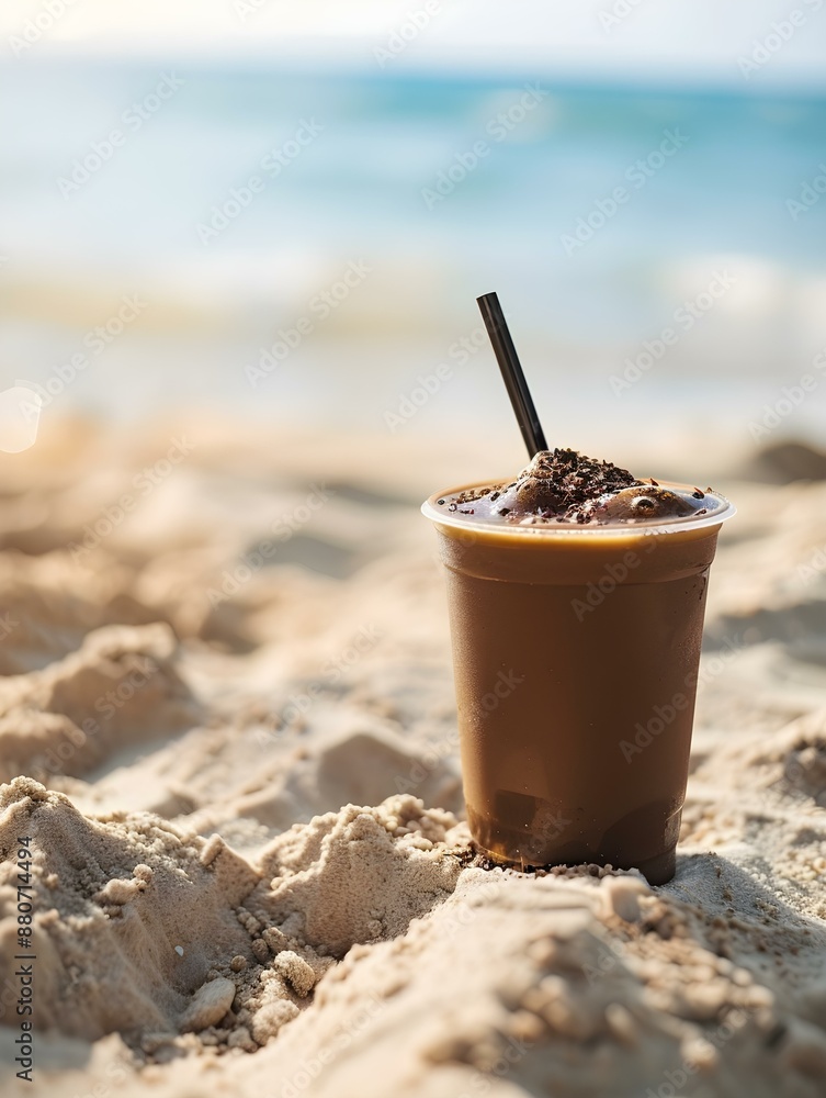 Close Up of a dark brown Drink on a Tropical Beach. Beautiful Summer Vacation Wallpaper