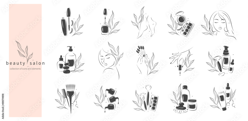 Big set of black and white elements and icons for beauty salon. Nail polish, manicured female hands, beautiful woman face, lipstick, eyelash extension, makeup, hairdressing. Vector illustrations Big set of black and white elements and icons for beauty salon. Nail polish, manicured female hands, beautiful woman face, lipstick, eyelash extension, makeup, hairdressing. Vector illustrations