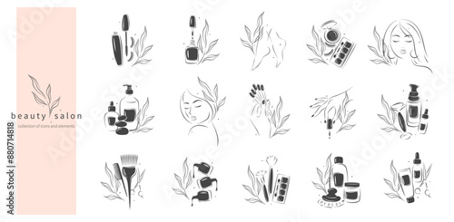 Big set of black and white elements and icons for beauty salon. Nail polish,  manicured female hands, beautiful woman face, lipstick, eyelash extension, makeup, hairdressing. Vector illustrations