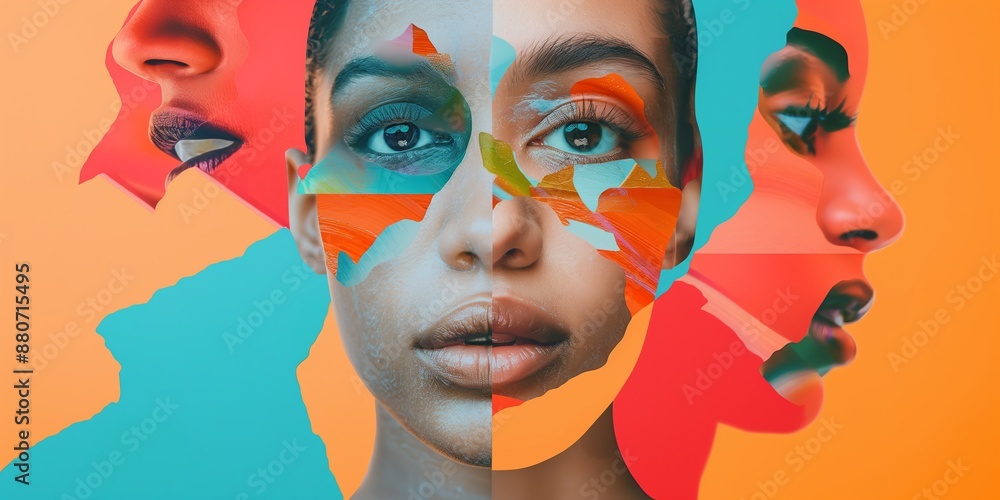 Obraz premium Abstract collage of diverse faces and vibrant colors creative artconcept