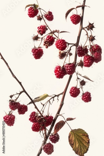 A small bird is perched on the branch of a raspberry tree