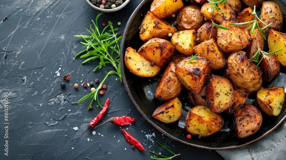 Roasted potatoes on a plate with space for text close view Roasted potatoes on a plate with space for text close view