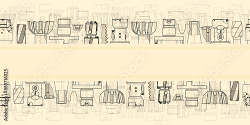 Mechanical engineering drawings on sepia background. Tap tools, borer. Technical Design. Cover. Blueprint. Seamless pattern. Vector illustration.