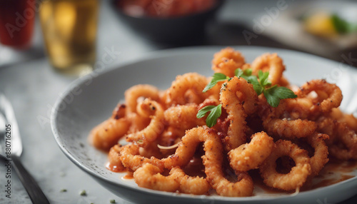 crispy calamari with marinara sauce, presented in a stylish bowl