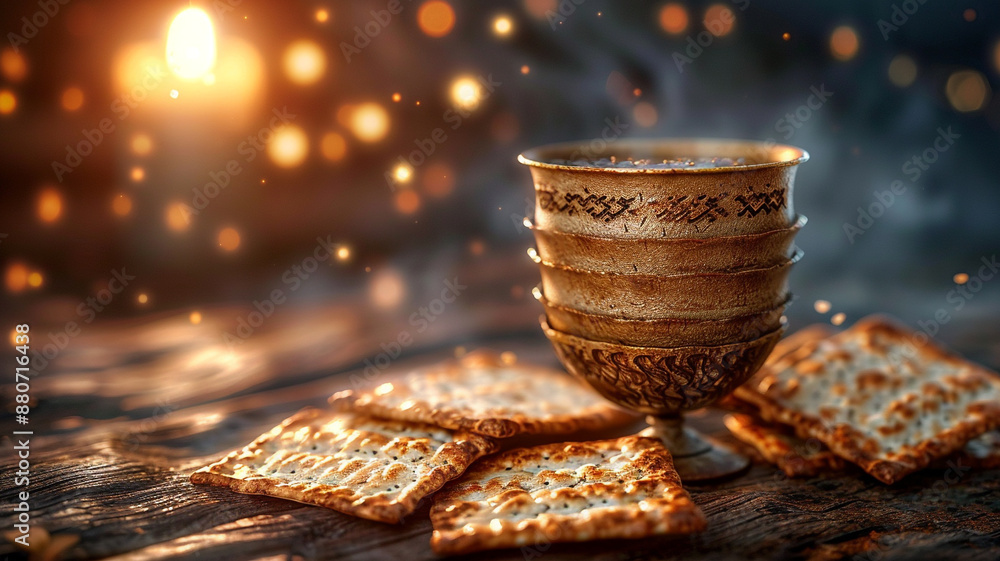 Fototapeta premium Happy Passover, celebration tradition banner copy space poster background, Jewish holiday commemorating the Exodus from Egypt, matzo wine food, judaizm bread religious.