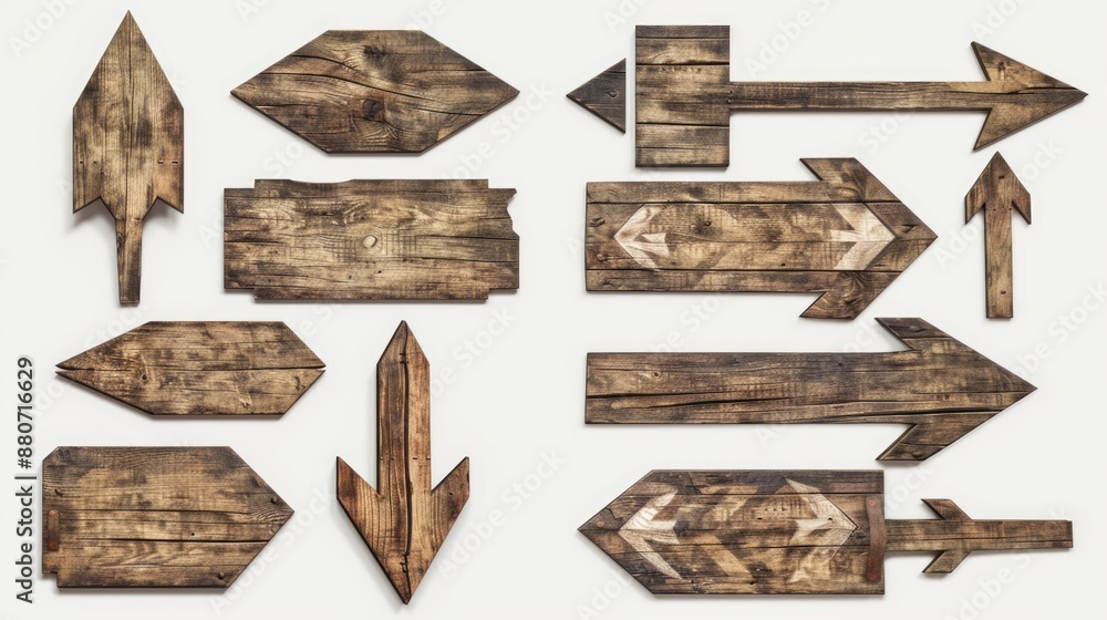 A collection of wooden arrows placed on a white surface, suitable for use in presentations, designs, and other visual materials A collection of wooden arrows placed on a white surface, suitable for use in presentations, designs, and other visual materials