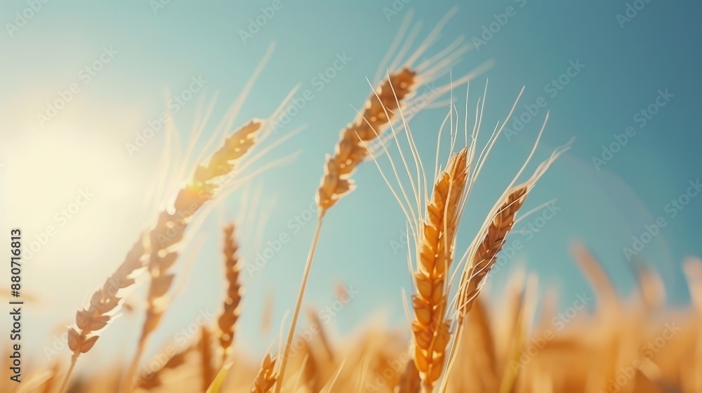 Agricultural grains growing under clear sky with ripe yellow ears Agricultural grains growing under clear sky with ripe yellow ears