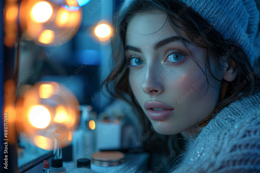A beauty blogger applying makeup in front of a well-lit vanity, surrounded by elegant cosmetics, A beauty blogger applying makeup in front of a well-lit vanity, surrounded by elegant cosmetics,