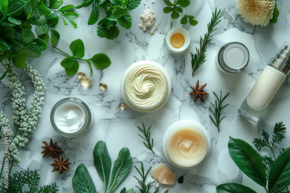 A beauty blogger’s flat lay of skincare products, elegantly arranged on a marble countertop, A beauty blogger’s flat lay of skincare products, elegantly arranged on a marble countertop,