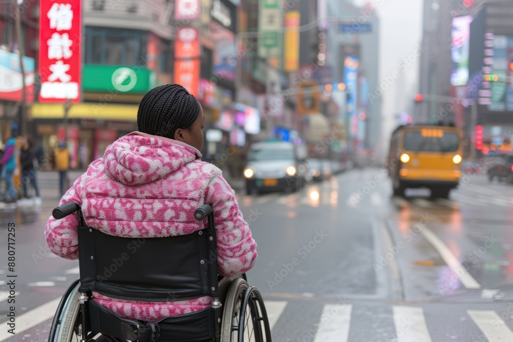 City Life: Young Black Woman in Wheelchair at Crosswalk with Urban Street Background City Life: Young Black Woman in Wheelchair at Crosswalk with Urban Street Background