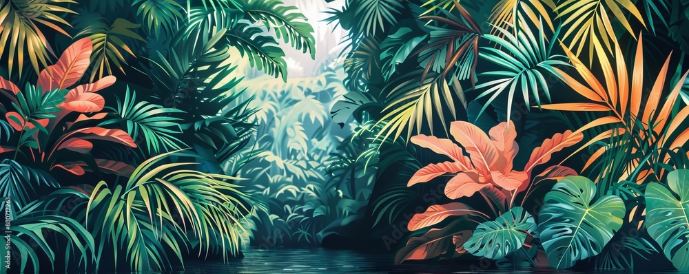 Naklejka premium jungle foliage flat design side view dense vegetation water color Complementary Color Scheme
