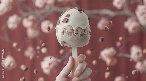   A hand holding a chocolate-covered marshmallow lollipop in front of a cherry tree with chocolate sprinkles