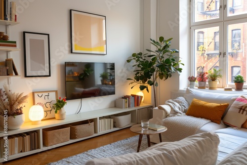 Modern Scandinavian Living Room with Wooden Cabinet, Books, and Poster Frame on White Wall © hisilly