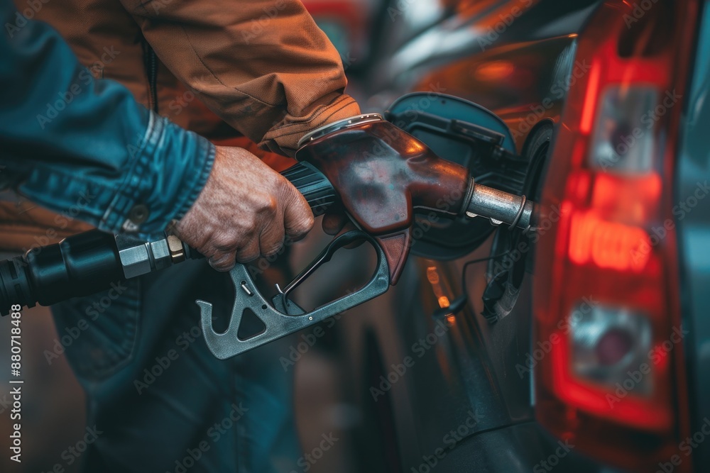 A person filling up their car at a gas station A person filling up their car at a gas station