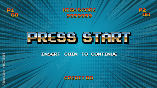 PRESS START INSERT A COIN TO CONTINUE .pixel art .8 bit game.retro game. for game assets in vector illustrations.	