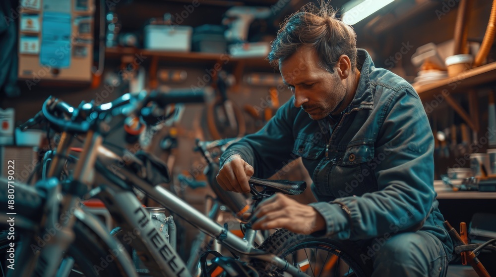 Focused Bicycle Mechanic Fine-Tuning a Gear System in Workshop Focused Bicycle Mechanic Fine-Tuning a Gear System in Workshop