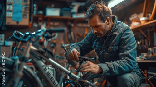 Focused Bicycle Mechanic Fine-Tuning a Gear System in Workshop