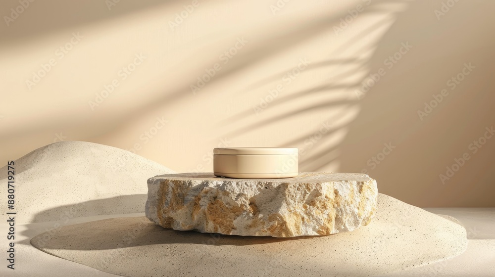 Product cosmetic display on stone podium with sand and beige background and space for text Product cosmetic display on stone podium with sand and beige background and space for text