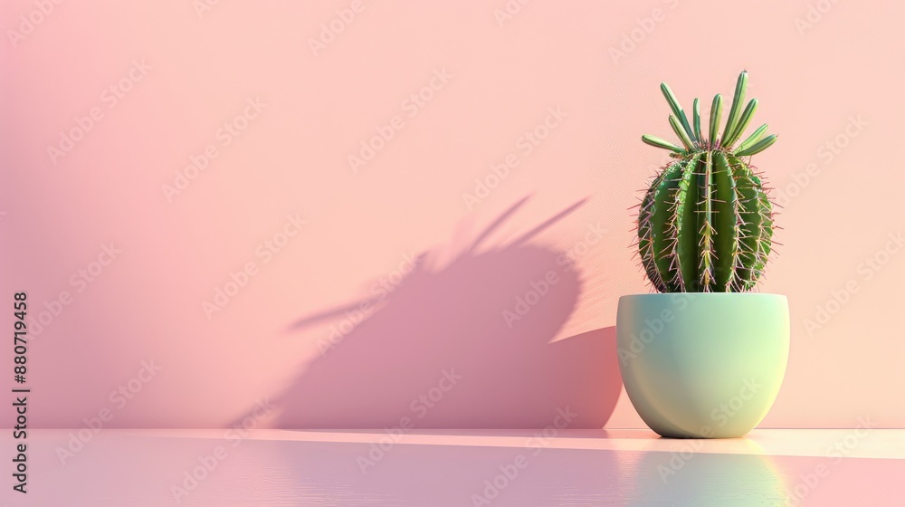 Cactus in green pot on soft pink backdrop Cactus in green pot on soft pink backdrop