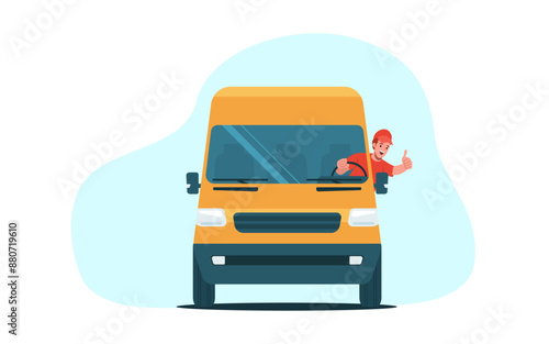 Cheerful driver showing thumbs up while driving a cargo van. Front view. Vector illustration.