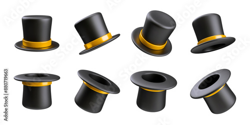  3D realistic black magician's hat set, with gold ribbon. Wizard cylinder for magicians and artists.Collection of magic equipment for surprising. Vector Halloween hat isolated on white background