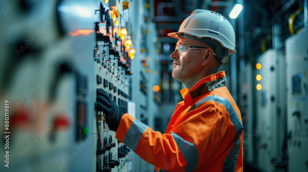 Industrial engineer in orange safety gear and helmet operating control panel in a high-tech facility, ensuring operational efficiency. Industrial engineer in orange safety gear and helmet operating control panel in a high-tech facility, ensuring operational efficiency.