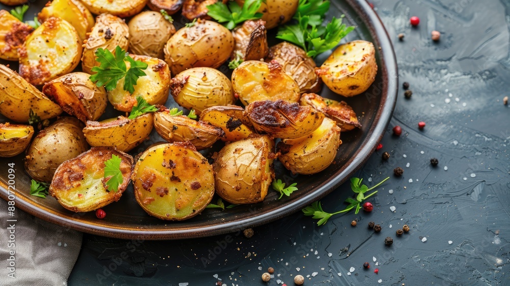 Roasted potatoes on a plate with space for text close view Roasted potatoes on a plate with space for text close view