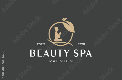 nature leaf circle with yoga woman logo design