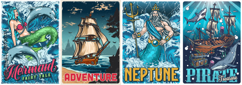 Marine adventures colorful set posters