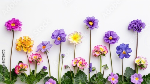 Primula flowers blooming in spring on white background with space for text © pngking