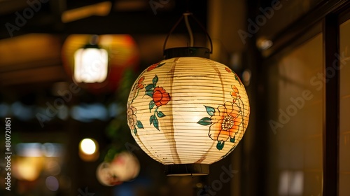 Japanese Paper Lantern Glowing at Night with Floral Design photo