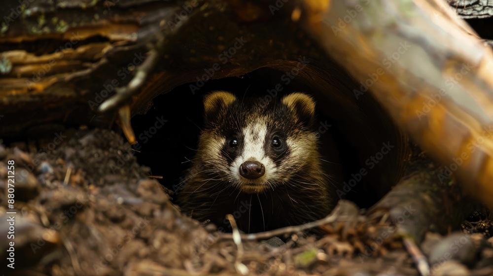 Native European Badger in Natural Setting Peeking Out from Den Native European Badger in Natural Setting Peeking Out from Den