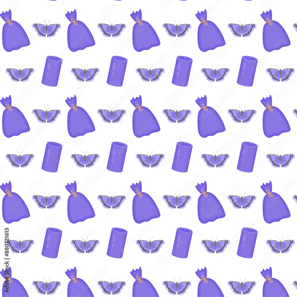 Seamless print for packaging and wrapping paper. Scented candle and purple sachet bag with dried lavender flowers. Lilac butterflies on a white background. Vector illustration. Print for gift bag. Seamless print for packaging and wrapping paper. Scented candle and purple sachet bag with dried lavender flowers. Lilac butterflies on a white background. Vector illustration. Print for gift bag.