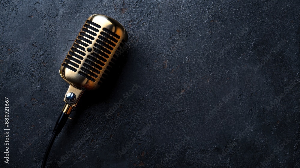Fototapeta premium Retro microphone on black background with copy space