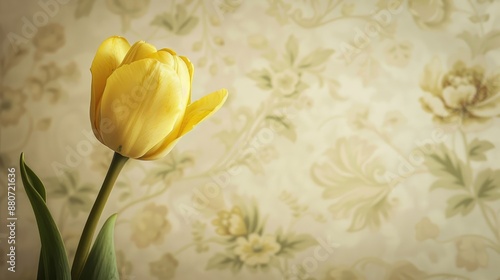 A single yellow tulip on light vintage floral wallpaper with space for text © TheWaterMeloonProjec